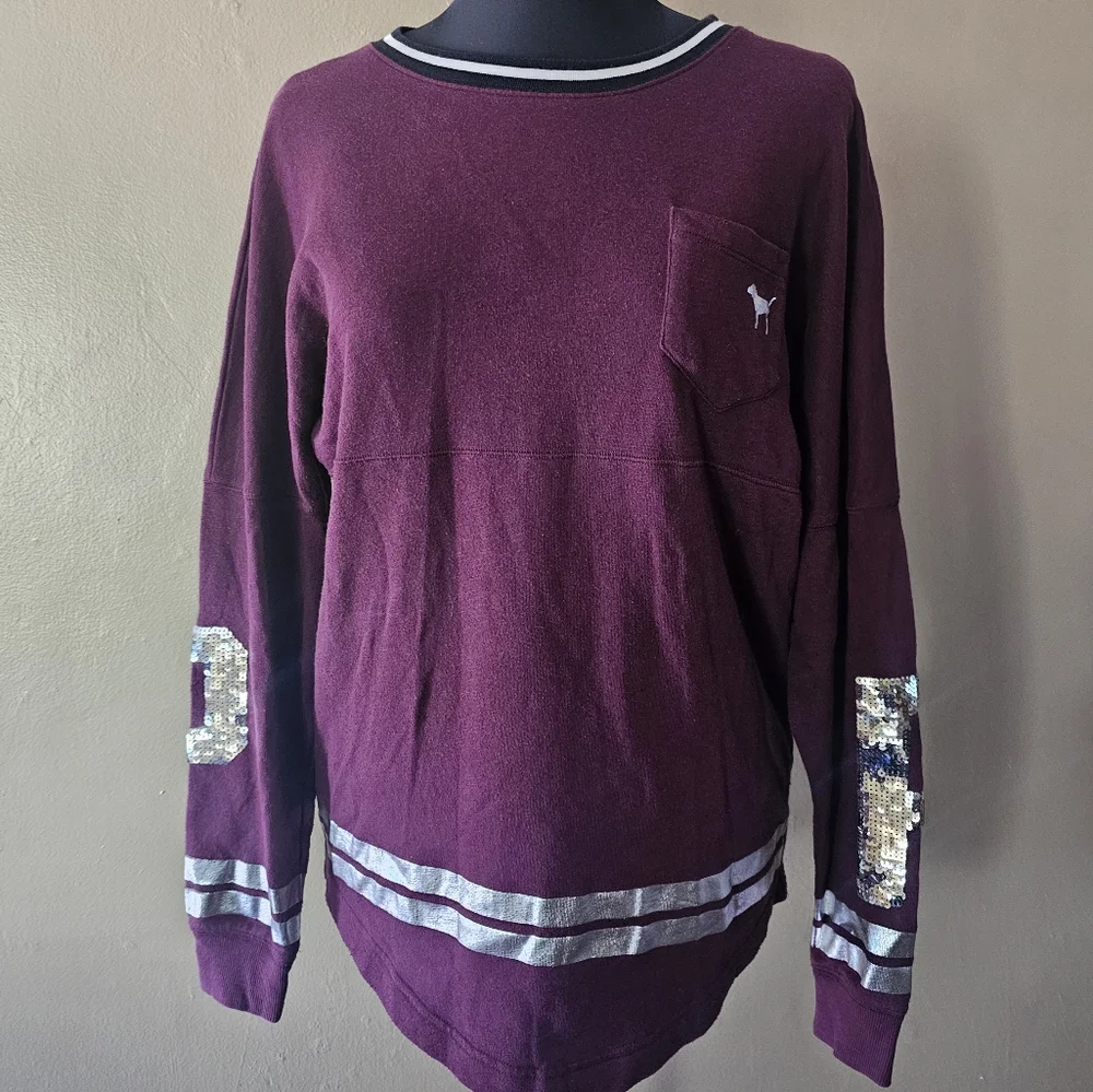 Pink Victoria's Secret Long Sleeve Dark Red Sequin Top Women's Size X-Small - Picture 1 of 12